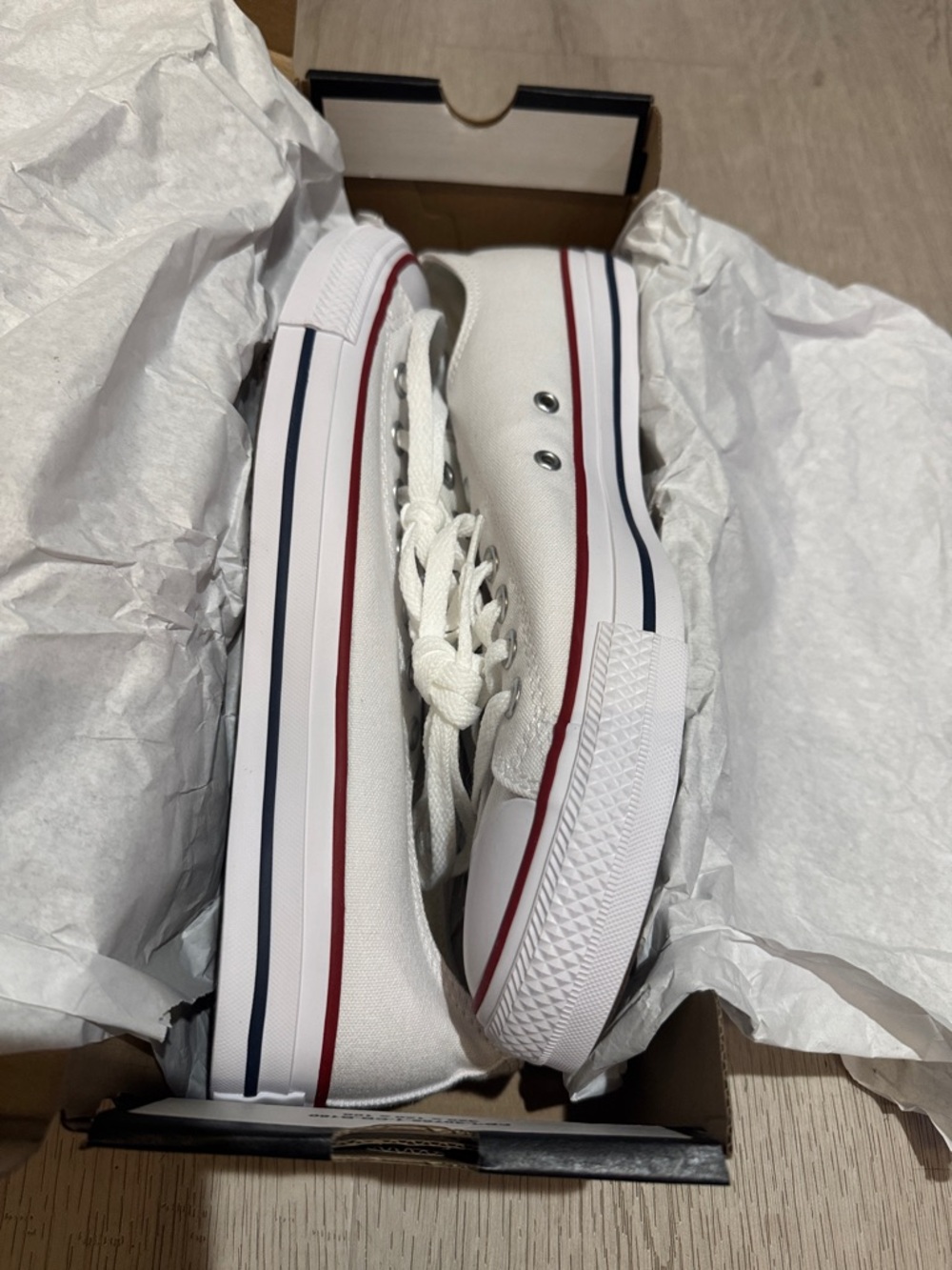 Converse White Low Top Sneakers with Red and Navy Stripes